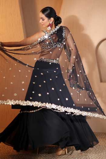 Pooja Popli_Black Georgette, Net Bandeau Neck Nazakat Mirror Embroidered Lehenga Set _Online_at_Aza_Fashions