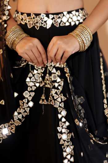 Pooja Popli_Black Georgette, Net Bandeau Neck Nazakat Mirror Embroidered Lehenga Set _at_Aza_Fashions