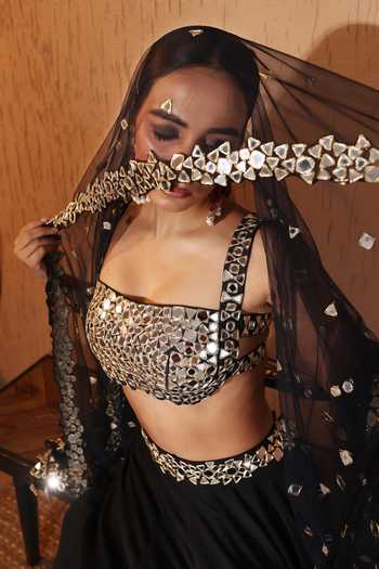 Buy_Pooja Popli_Black Georgette, Net Bandeau Neck Nazakat Mirror Embroidered Lehenga Set 