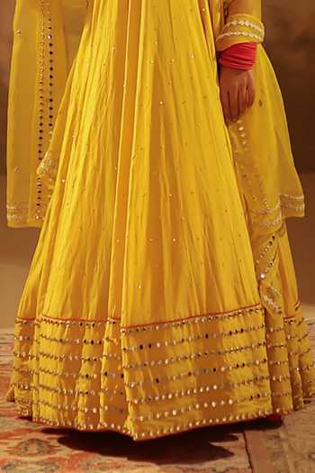 Pooja Popli_Yellow Silk, Organza, Muslin V-neck Nazakat Anarkali With Mirror Work Dupatta _Online_at_Aza_Fashions