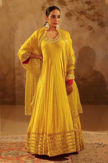 Buy_Pooja Popli_Yellow Silk, Organza, Muslin V-neck Nazakat Anarkali With Mirror Work Dupatta _Online_at_Aza_Fashions