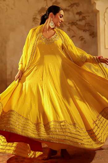 Shop_Pooja Popli_Yellow Silk, Organza, Muslin V-neck Nazakat Anarkali With Mirror Work Dupatta _Online_at_Aza_Fashions