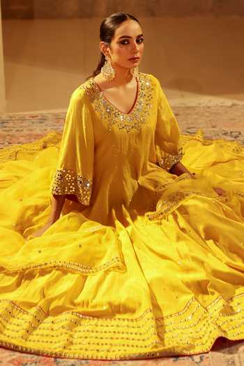 Buy_Pooja Popli_Yellow Silk, Organza, Muslin V-neck Nazakat Anarkali With Mirror Work Dupatta 