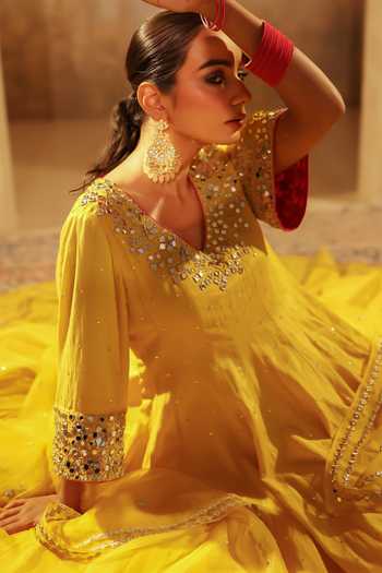 Shop_Pooja Popli_Yellow Silk, Organza, Muslin V-neck Nazakat Anarkali With Mirror Work Dupatta 