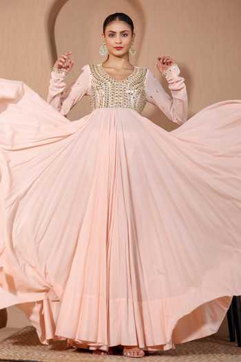 Buy Pooja Popli Peach Silk, Organza, Muslin (mulmul) Nazakat Mirror Embroidered Anarkali Set Online at Aza Fashions Buy_Pooja Popli_Peach Silk, Organza, Muslin (mulmul) Nazakat Mirror Embroidered Anarkali Set _Online_at_Aza_Fashions