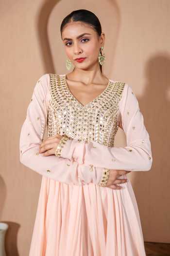 Shop Pooja Popli Peach Silk, Organza, Muslin (mulmul) Nazakat Mirror Embroidered Anarkali Set Online at Aza Fashions Shop_Pooja Popli_Peach Silk, Organza, Muslin (mulmul) Nazakat Mirror Embroidered Anarkali Set _Online_at_Aza_Fashions