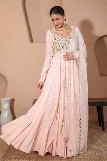 Pooja Popli Peach Silk, Organza, Muslin (mulmul) Nazakat Mirror Embroidered Anarkali Set at Aza Fashions Pooja Popli_Peach Silk, Organza, Muslin (mulmul) Nazakat Mirror Embroidered Anarkali Set _at_Aza_Fashions