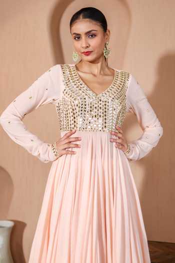 Buy Pooja Popli Peach Silk, Organza, Muslin (mulmul) Nazakat Mirror Embroidered Anarkali Set Buy_Pooja Popli_Peach Silk, Organza, Muslin (mulmul) Nazakat Mirror Embroidered Anarkali Set