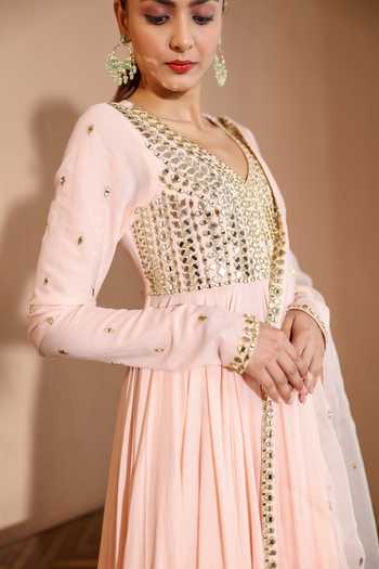 Shop Pooja Popli Peach Silk, Organza, Muslin (mulmul) Nazakat Mirror Embroidered Anarkali Set Shop_Pooja Popli_Peach Silk, Organza, Muslin (mulmul) Nazakat Mirror Embroidered Anarkali Set