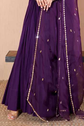 Pooja Popli Purple Silk, Organza, Muslin V-neck Nazakat Mirror Embroidered Anarkali Set Online at Aza Fashions Pooja Popli_Purple Silk, Organza, Muslin V-neck Nazakat Mirror Embroidered Anarkali Set _Online_at_Aza_Fashions