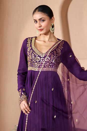 Buy Pooja Popli Purple Silk, Organza, Muslin V-neck Nazakat Mirror Embroidered Anarkali Set Online at Aza Fashions Buy_Pooja Popli_Purple Silk, Organza, Muslin V-neck Nazakat Mirror Embroidered Anarkali Set _Online_at_Aza_Fashions