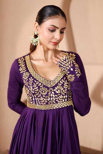 Shop Pooja Popli Purple Silk, Organza, Muslin V-neck Nazakat Mirror Embroidered Anarkali Set Online at Aza Fashions Shop_Pooja Popli_Purple Silk, Organza, Muslin V-neck Nazakat Mirror Embroidered Anarkali Set _Online_at_Aza_Fashions