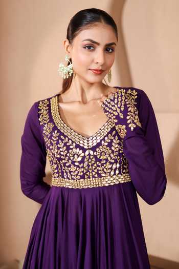 Pooja Popli Purple Silk, Organza, Muslin V-neck Nazakat Mirror Embroidered Anarkali Set at Aza Fashions Pooja Popli_Purple Silk, Organza, Muslin V-neck Nazakat Mirror Embroidered Anarkali Set _at_Aza_Fashions