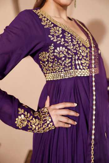 Shop Pooja Popli Purple Silk, Organza, Muslin V-neck Nazakat Mirror Embroidered Anarkali Set Shop_Pooja Popli_Purple Silk, Organza, Muslin V-neck Nazakat Mirror Embroidered Anarkali Set
