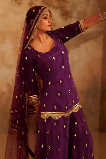 Pooja Popli_Purple Silk, Net Round Neck, Yes Nazakat Embellished Kurta Sharara Set _Online_at_Aza_Fashions