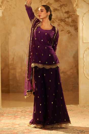 Buy_Pooja Popli_Purple Silk, Net Round Neck, Yes Nazakat Embellished Kurta Sharara Set _Online_at_Aza_Fashions
