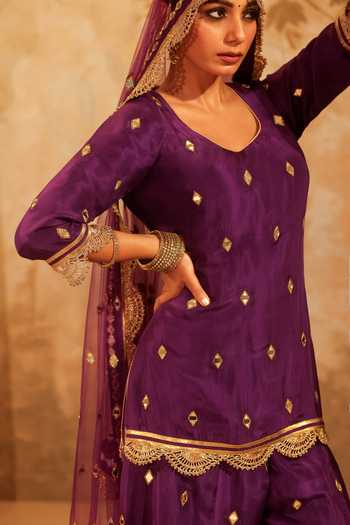 Shop_Pooja Popli_Purple Silk, Net Round Neck, Yes Nazakat Embellished Kurta Sharara Set _Online_at_Aza_Fashions