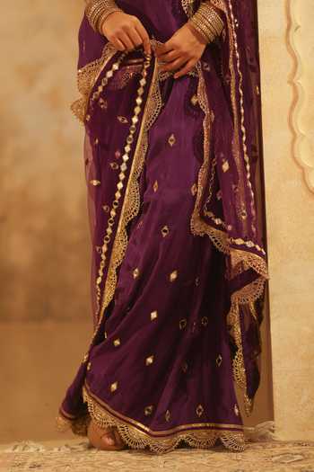 Pooja Popli_Purple Silk, Net Round Neck, Yes Nazakat Embellished Kurta Sharara Set _at_Aza_Fashions