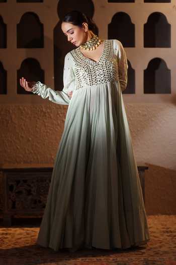 Pooja Popli Nazakat Sage Embroidered Anarkali Set 