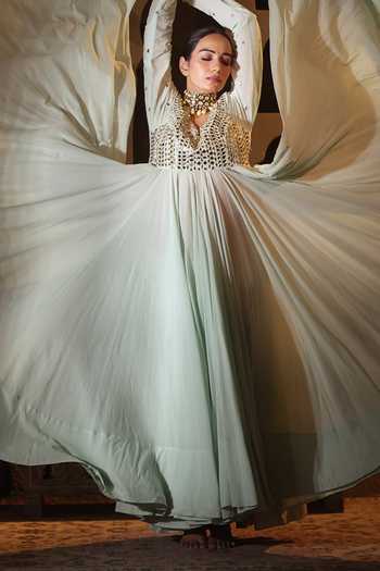 Buy_Pooja Popli_Green Silk, Organza V-neck Nazakat Sage Embroidered Anarkali Set _Online_at_Aza_Fashions