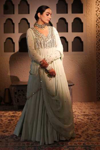 Pooja Popli Nazakat Sage Embroidered Anarkali Set 