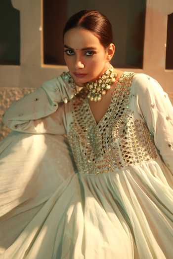 Shop_Pooja Popli_Green Silk, Organza V-neck Nazakat Sage Embroidered Anarkali Set _Online_at_Aza_Fashions