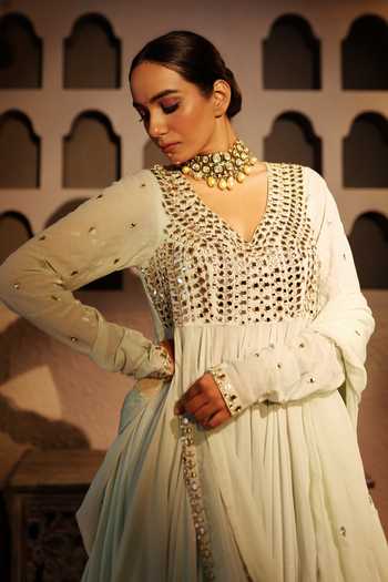 Pooja Popli_Green Silk, Organza V-neck Nazakat Sage Embroidered Anarkali Set _at_Aza_Fashions