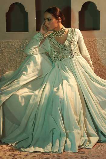 Shop_Pooja Popli_Green Silk, Organza V-neck Nazakat Sage Embroidered Anarkali Set 