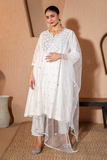 Shop Pooja Popli White Chanderi Silk, Silk, Muslin, Organza Nazakat Mirror Work Kurta Salwar Set Online at Aza Fashions Shop_Pooja Popli_White Chanderi Silk, Silk, Muslin, Organza Nazakat Mirror Work Kurta Salwar Set _Online_at_Aza_Fashions