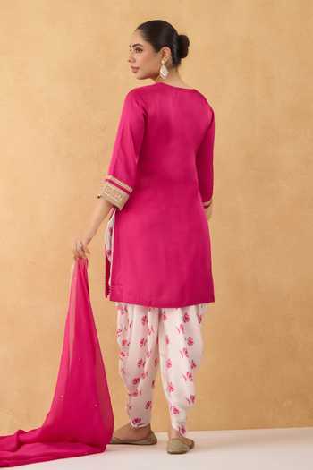 Pooja Popli Embroidered Kurta Floral Print Dhoti Pant Set 