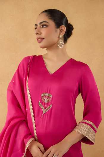 Pooja Popli Fuchsia Silk, Organza, Modal Embroidered Kurta Floral Print Dhoti Pant Set Online at Aza Fashions Pooja Popli_Fuchsia Silk, Organza, Modal Embroidered Kurta Floral Print Dhoti Pant Set _Online_at_Aza_Fashions