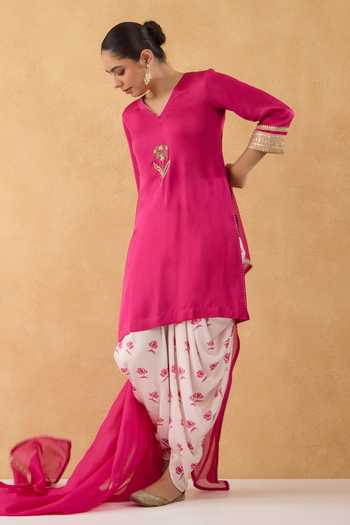 Buy Pooja Popli Fuchsia Silk, Organza, Modal Embroidered Kurta Floral Print Dhoti Pant Set Online at Aza Fashions Buy_Pooja Popli_Fuchsia Silk, Organza, Modal Embroidered Kurta Floral Print Dhoti Pant Set _Online_at_Aza_Fashions