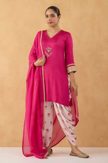 Pooja Popli Embroidered Kurta Floral Print Dhoti Pant Set 
