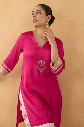 Shop Pooja Popli Fuchsia Silk, Organza, Modal Embroidered Kurta Floral Print Dhoti Pant Set Online at Aza Fashions Shop_Pooja Popli_Fuchsia Silk, Organza, Modal Embroidered Kurta Floral Print Dhoti Pant Set _Online_at_Aza_Fashions