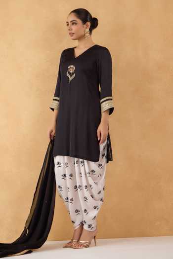Pooja Popli_Black Modal, Silk, Organza V-neck, Embroidered Kurta Floral Print Dhoti Pant Set _Online_at_Aza_Fashions