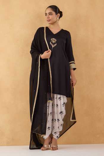 Pooja Popli Embroidered Kurta Floral Print Dhoti Pant Set 