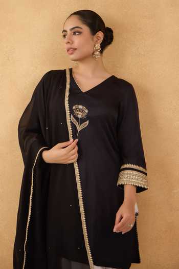 Shop_Pooja Popli_Black Modal, Silk, Organza V-neck, Embroidered Kurta Floral Print Dhoti Pant Set _Online_at_Aza_Fashions