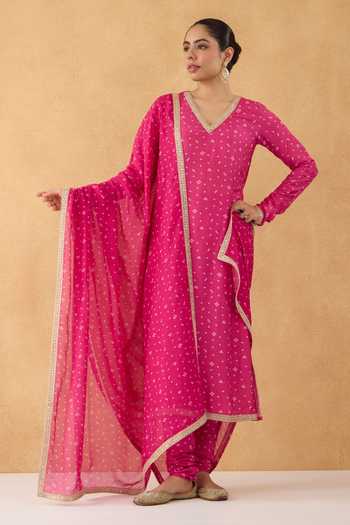 Buy Pooja Popli Fuchsia Silk, Cotton V-neck, Yes Bandhej Print Kurta Set Online at Aza Fashions Buy_Pooja Popli_Fuchsia Silk, Cotton V-neck, Yes Bandhej Print Kurta Set _Online_at_Aza_Fashions