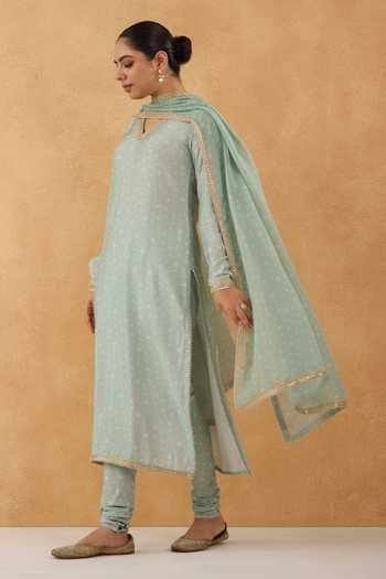 Shop Pooja Popli Green Silk, Cotton V-neck, Yes Bandhej Print Kurta Set Online at Aza Fashions Shop_Pooja Popli_Green Silk, Cotton V-neck, Yes Bandhej Print Kurta Set _Online_at_Aza_Fashions