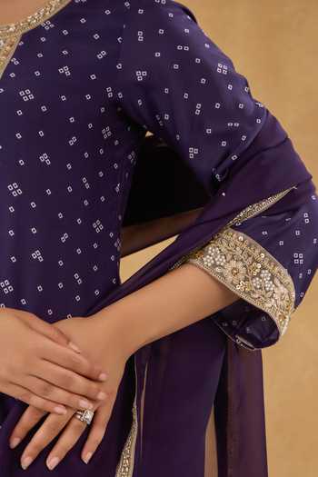 Pooja Popli_Purple Silk, Cotton Round Neck, Yes Bandhej Print Kurta Salwar Set _Online_at_Aza_Fashions