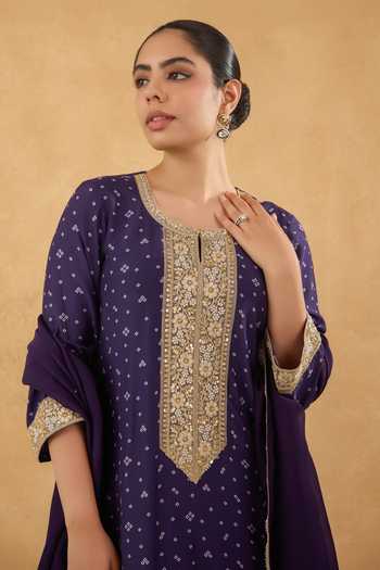 Buy_Pooja Popli_Purple Silk, Cotton Round Neck, Yes Bandhej Print Kurta Salwar Set _Online_at_Aza_Fashions