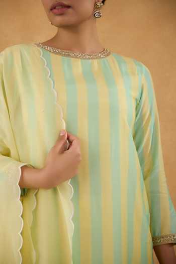 Pooja Popli Yellow Silk, Cotton, Organza Round Neck Stripe Print Kurta Pant Set Online at Aza Fashions Pooja Popli_Yellow Silk, Cotton, Organza Round Neck Stripe Print Kurta Pant Set _Online_at_Aza_Fashions