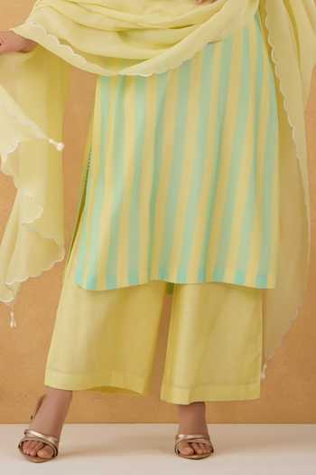 Buy Pooja Popli Yellow Silk, Cotton, Organza Round Neck Stripe Print Kurta Pant Set Online at Aza Fashions Buy_Pooja Popli_Yellow Silk, Cotton, Organza Round Neck Stripe Print Kurta Pant Set _Online_at_Aza_Fashions