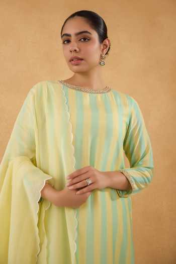 Shop Pooja Popli Yellow Silk, Cotton, Organza Round Neck Stripe Print Kurta Pant Set Online at Aza Fashions Shop_Pooja Popli_Yellow Silk, Cotton, Organza Round Neck Stripe Print Kurta Pant Set _Online_at_Aza_Fashions