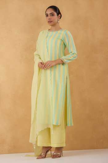 Pooja Popli Yellow Silk, Cotton, Organza Round Neck Stripe Print Kurta Pant Set at Aza Fashions Pooja Popli_Yellow Silk, Cotton, Organza Round Neck Stripe Print Kurta Pant Set _at_Aza_Fashions