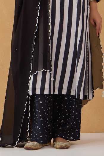 Pooja Popli Black Silk, Cotton, Organza Round Neck Striped Print Kurta Set Online at Aza Fashions Pooja Popli_Black Silk, Cotton, Organza Round Neck Striped Print Kurta Set _Online_at_Aza_Fashions