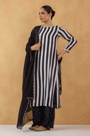 Pooja Popli Black Silk, Cotton, Organza Round Neck Striped Print Kurta Set at Aza Fashions Pooja Popli_Black Silk, Cotton, Organza Round Neck Striped Print Kurta Set _at_Aza_Fashions