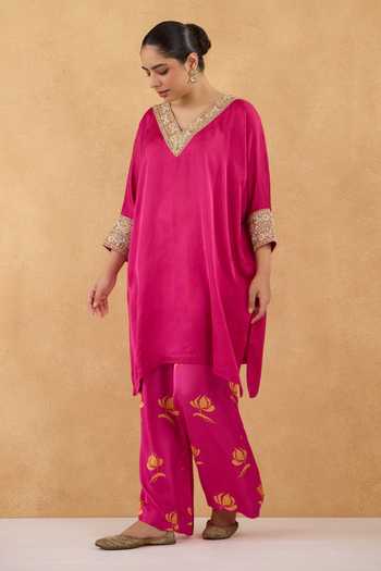 Buy Pooja Popli Fuchsia Silk, Modal V-neck Short Kurta And Floral Print Pant Set Online at Aza Fashions Buy_Pooja Popli_Fuchsia Silk, Modal V-neck Short Kurta And Floral Print Pant Set _Online_at_Aza_Fashions