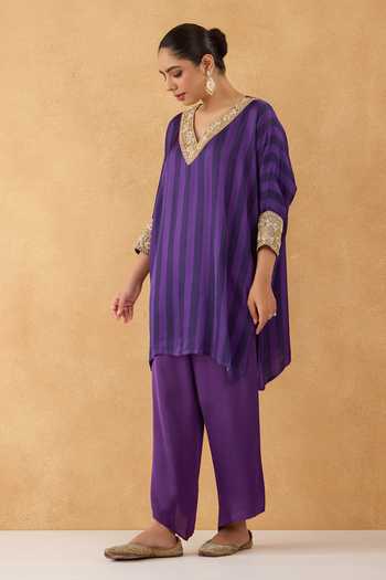 Pooja Popli Purple Silk, Modal V-neck Striped Print Kurta And Salwar Set Online at Aza Fashions Pooja Popli_Purple Silk, Modal V-neck Striped Print Kurta And Salwar Set _Online_at_Aza_Fashions