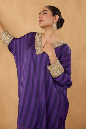 Buy Pooja Popli Purple Silk, Modal V-neck Striped Print Kurta And Salwar Set Online at Aza Fashions Buy_Pooja Popli_Purple Silk, Modal V-neck Striped Print Kurta And Salwar Set _Online_at_Aza_Fashions